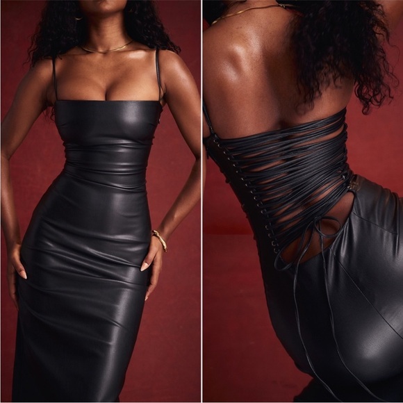 NEW House of CB Jalena Vegan Leather Lace Up Back Dress Black Large+ (XL)